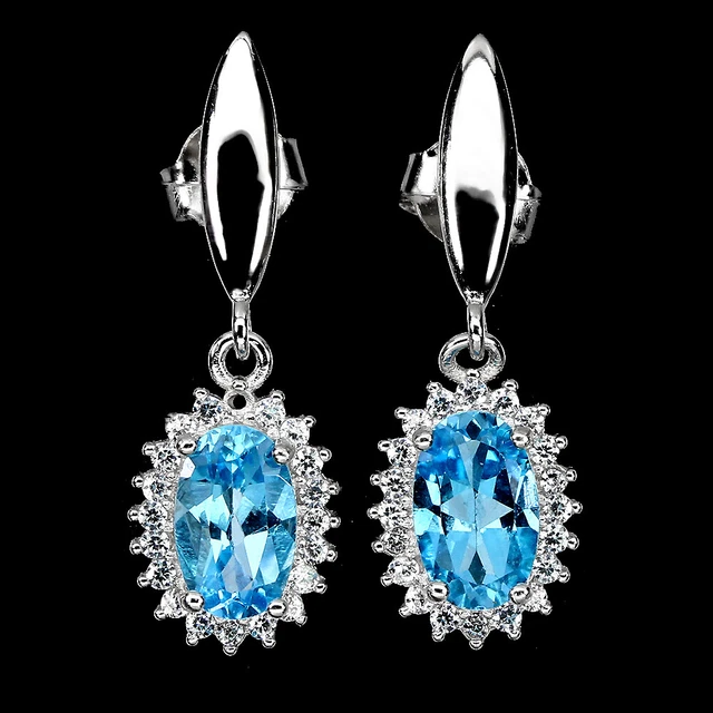 Boucles D'oreilles Créoles En Argent Sterling Avec Topaze Bleue Ovale Et Diamant