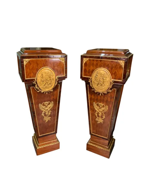 A Pair Of Louis Xvi Style Ormolu Mounted Mahogany Wood Pedestals, Circa 1900