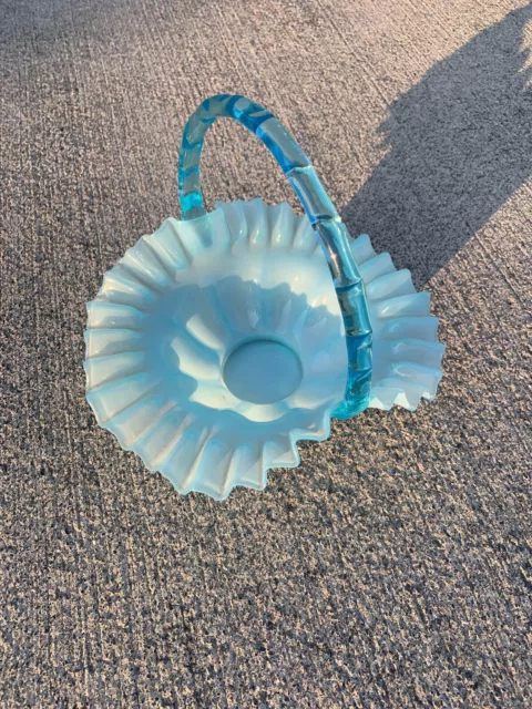 Panier poignée en bambou vintage en verre d'art Fenton bleu melon aquatique ❤️m9 2