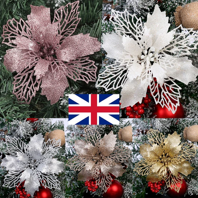 10X Christmas Large Poinsettia Glitter Flower Tree Hanging Party Xmas Decor Gift