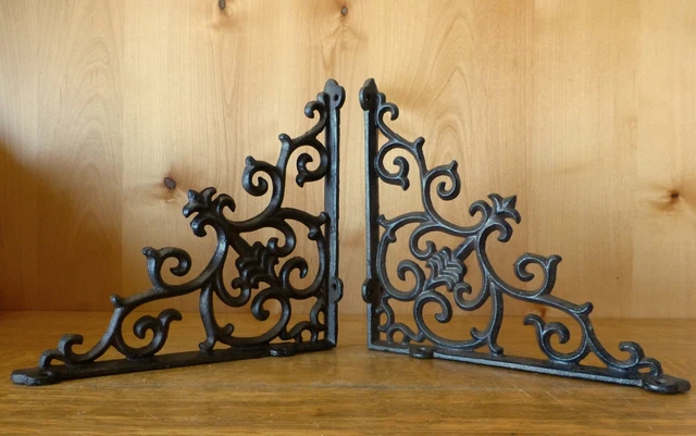 2 BROWN ANTIQUE-STYLE 9.5" CAST IRON SHELF BRACKETS braces garden FANCY ORNATE