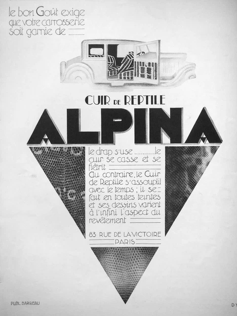 Publicité 1928 Alpina Cuir De Reptile S'assoupli Avec Le Temps Pour Voiture