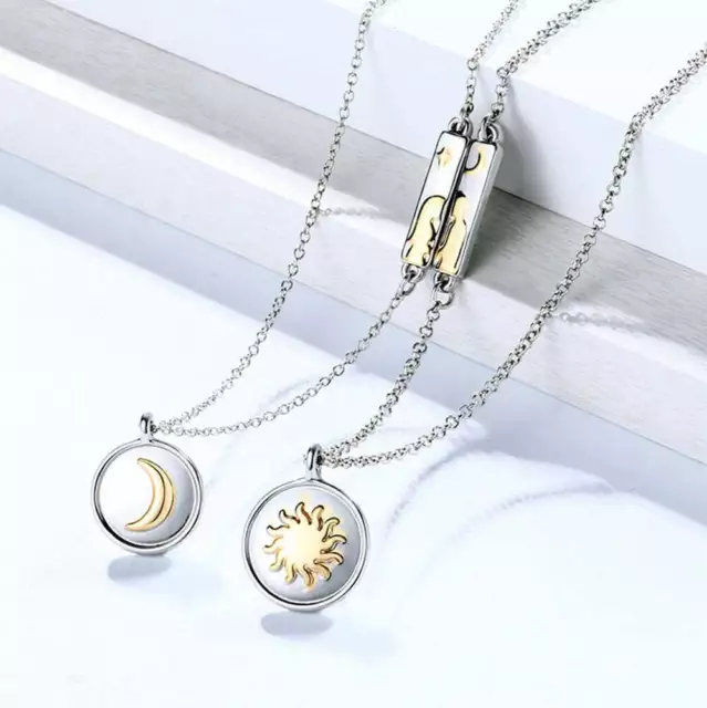 2 Couple Magnetic Necklace Sun Moon Pendant Charm Lovers Distance FREE Gift Bag