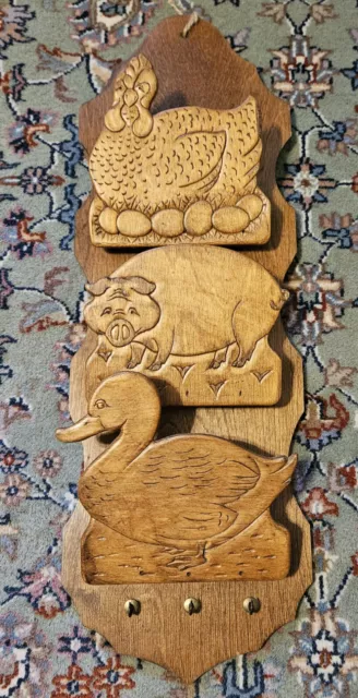 vintage wood wall mail organizer Country Cottage Farm Animals Rooster Key Holder