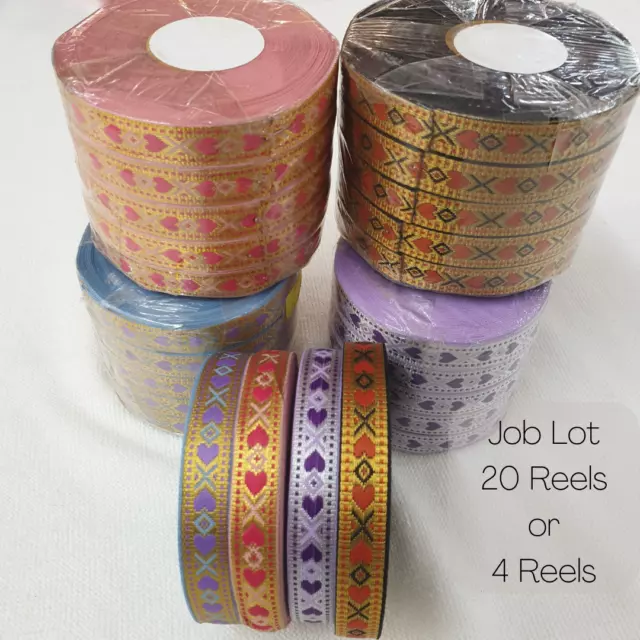 Hearts Jacquard Ribbon Trim JOB LOT,12mm Wide,320mts Total.Satin & Metallic Gold