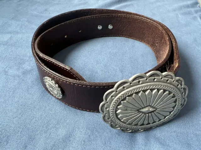 Vintage Brown solid leather belt Sz. 34 Southwest buckle conchos Made in Canada.