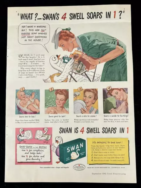 1943 Vintage SWAN SOAP Print Ad Good Housekeeping Sept 1943 Wartime All-Purpose