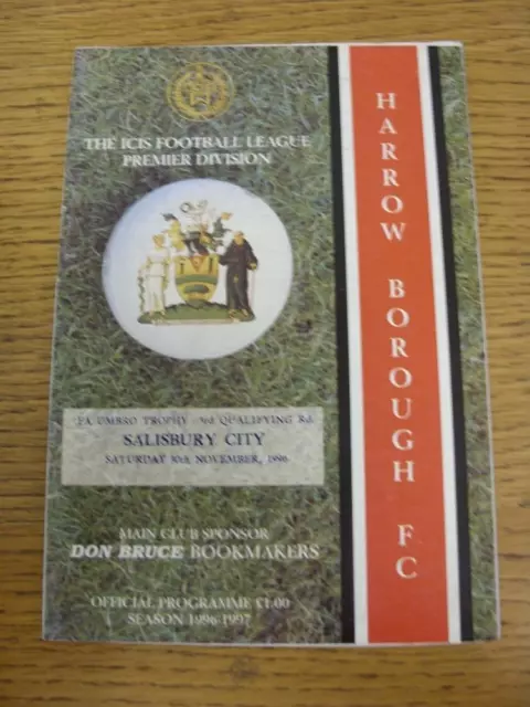 30/11/1996 Harrow Borough v Salisbury City [FA Trophy] . Item in very good condi