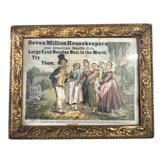 Antique 1890 Advertising Sign American Needle Co. Sewing Chromolithograph Framed