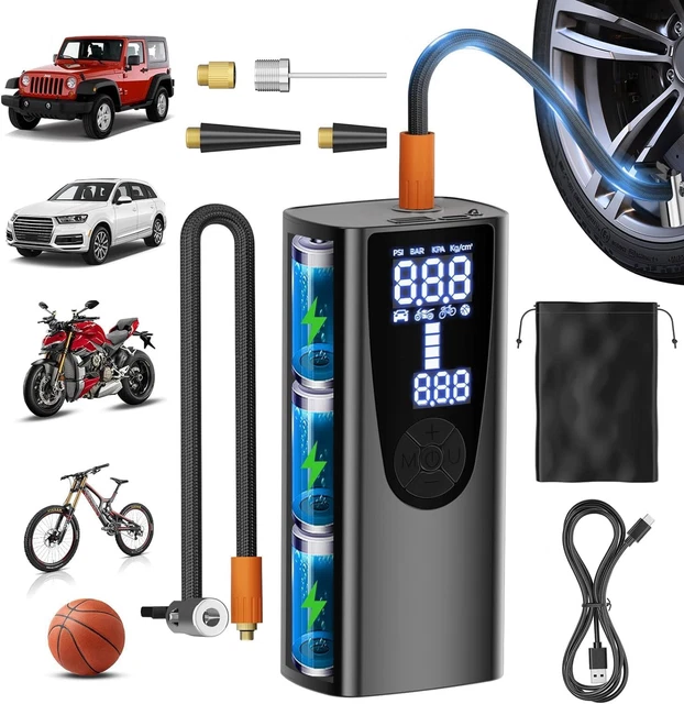 Compressore Portatile Auto 150 PSI, Gonfia Pneumatici In 2 Minuti – Con Display LCD, Batteria 6000mAh, Torcia LED E Adattatori Per Bici, Moto, Palloni