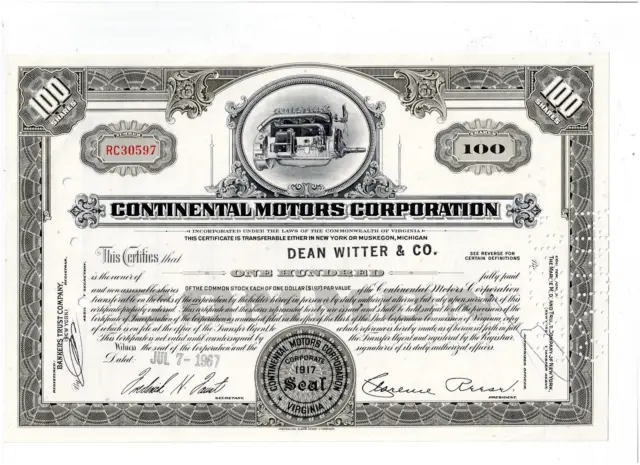 Continental Motors Corp., Virginia, 1967, rarely offered, VF+