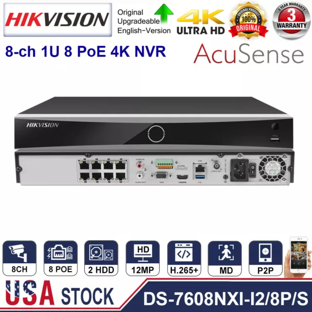 Hikvision AcuSense 12MP 8CH 8POE 4K NVR DS-7608NXI-I2/8P/S Facial Recognition US