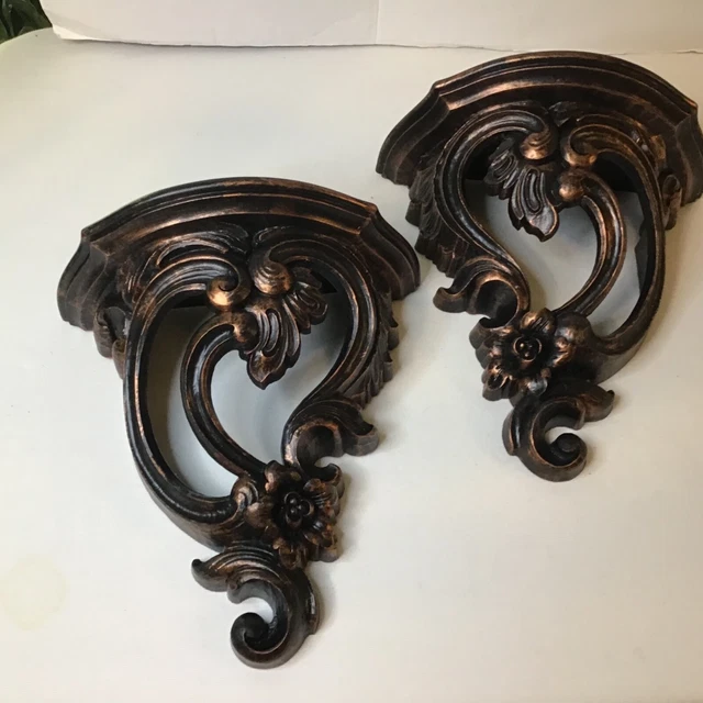 SET OF 2 MCM 1970s Syroco Gold Wall Shelf Wall Sconces 3507 with Metal
