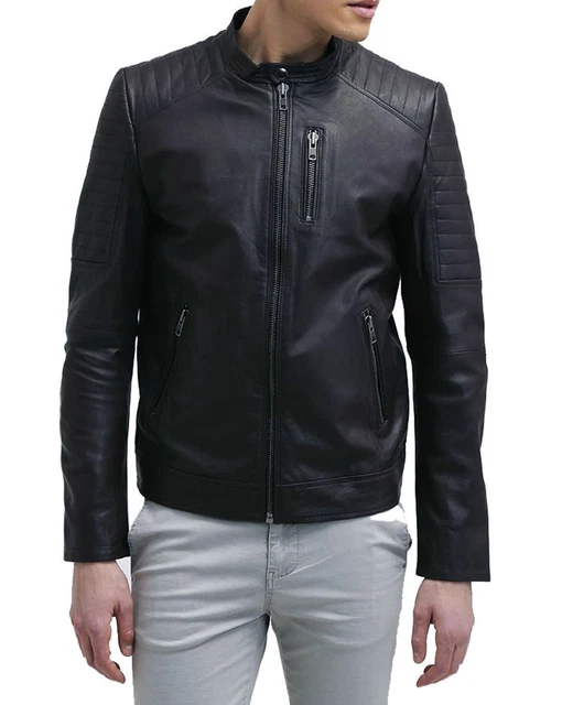 Uomo Originale Giacca IN Pelle Di Agnello Moto Vero Bomber Motociclista Moda