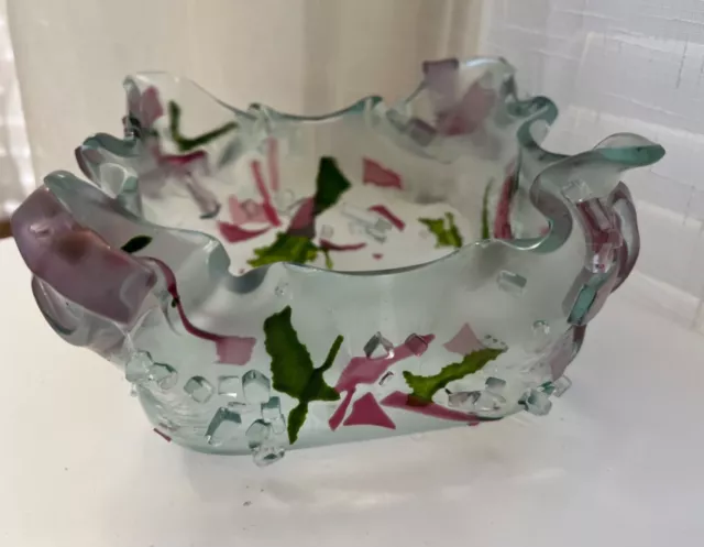 Pink and Green Fused Art Hand Made Glass Abstract Bowl