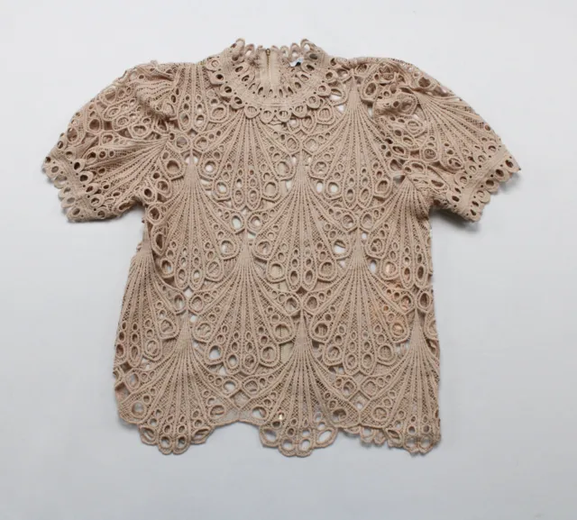 Blashe Women's Short Sleeve Lace Knit Zip-Up Top AC9 Beige Medium NWT