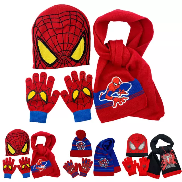 Kids Boys Winter Spiderman Hat Gloves Scarf Set Knitted Beanie Thermal 3-8 Years