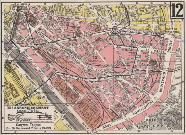 PARIS. 12th 12e XIIe. Arrondissement. Reuilly. TARIDE 1926 old vintage map
