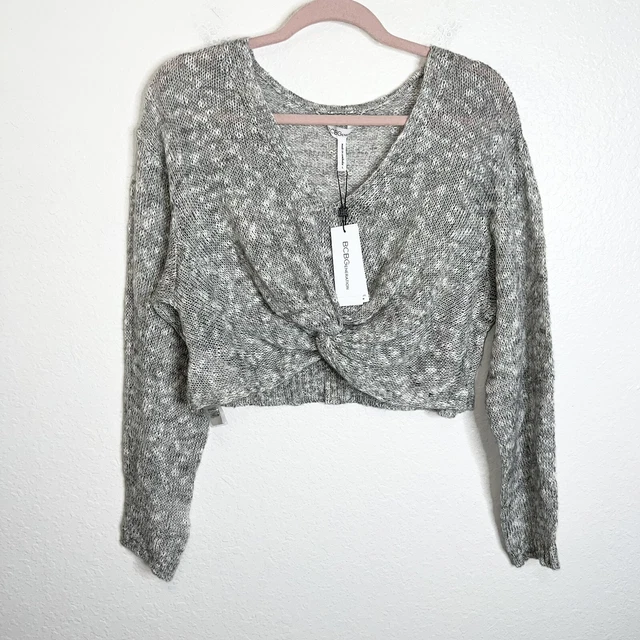 BCBGeneration Large Gray White Blend Open Knit Crop Twist Front Sweater V Neck P