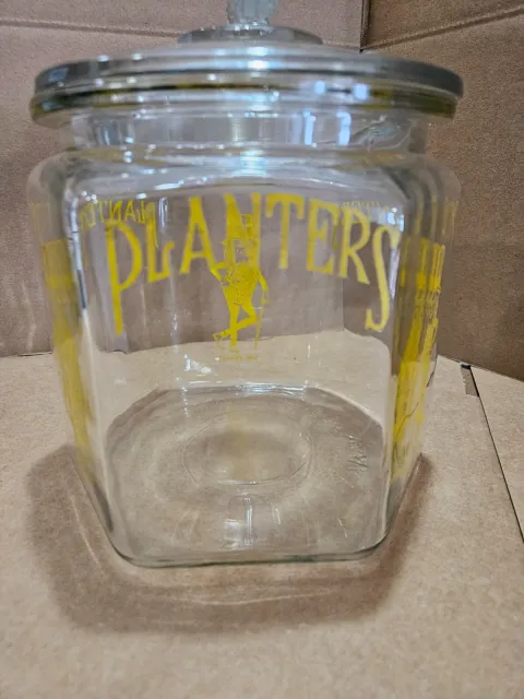 Vintage Planters Hexagonal Yellow "Mr. Peanut" Glass Counter Jar with Peanut Lid