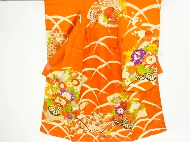 35643# Japanese Kimono / Antique Kimono For Girls / Embroidery / Floral Cart