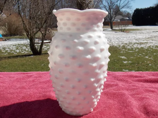 Vintage Fenton White Milk Glass Hobnail 8" Vase! Crimped Top Edge