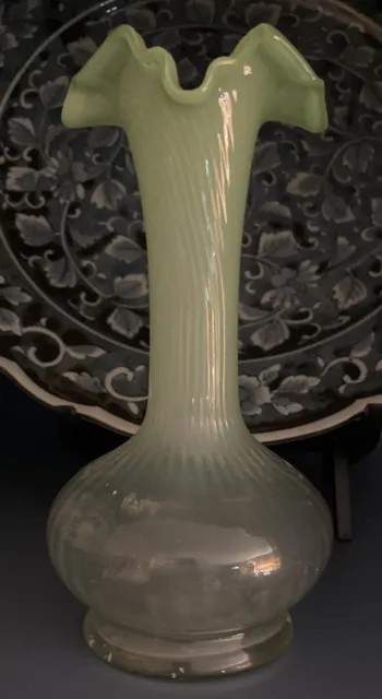 Uranium Glass Ruffled Top Bud Vase 6.75”Depression Glass Hand Blown Swirled Ribs 2
