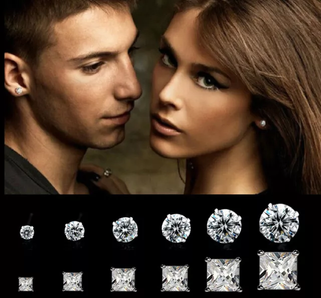 Genuine 925 Sterling Silver Solid Stud Earrings Cubic Zirconia Women Men Diamont