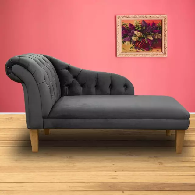 Grey Velvet Chaise Longue Chesterfield Buttoned Sofa Accent Chair Handmade