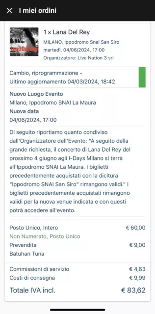 Biglietto Concerto Lana Del Rey Milano Posto Unico 4 Giugno 2024