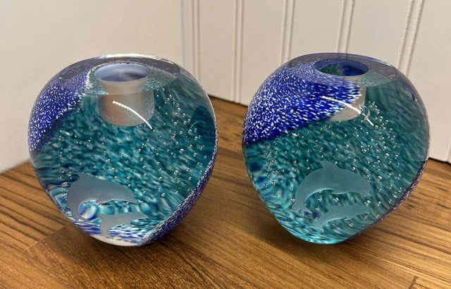 Art Glass Candlesticks Undersea Paradise Etched Dolphins Scotland Blue Lenox 3"