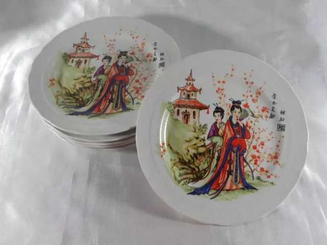 Italie : Service De 6 Assiettes Décor Japonisant En Porcelaine Italienne Signée