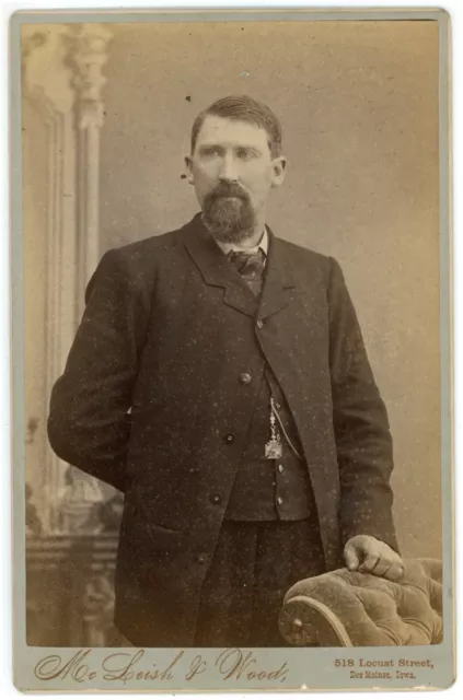 Antique c1880s Cabinet Card Handsome Stoic Man With Goatee Beard Des Moines Iowa