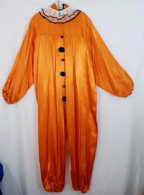 Vintage Adult Clown Suit Costume Hood Orange Satin Bells Purple Pom Poms Size