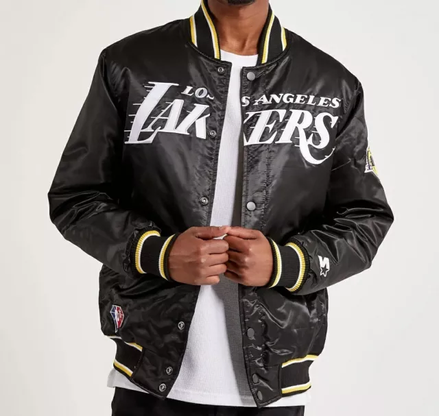 Starter NBA Los Angeles Lakers 75th Anniversary Black Satin Men's Jacket New. Starter NBA Los Angeles Lakers 75th Anniversary Black Satin Men's Jacket New.