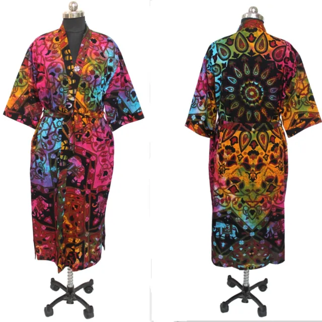 Hand Block Print Tie Dye Cotton Kimono Robe, Floral Print Beach Wear Dress