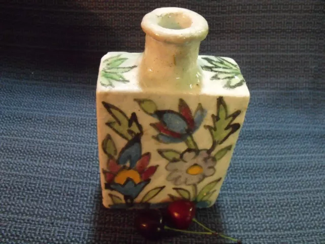 Antique Turkish Primitive Porcelain Hand Painted Floral Bottle