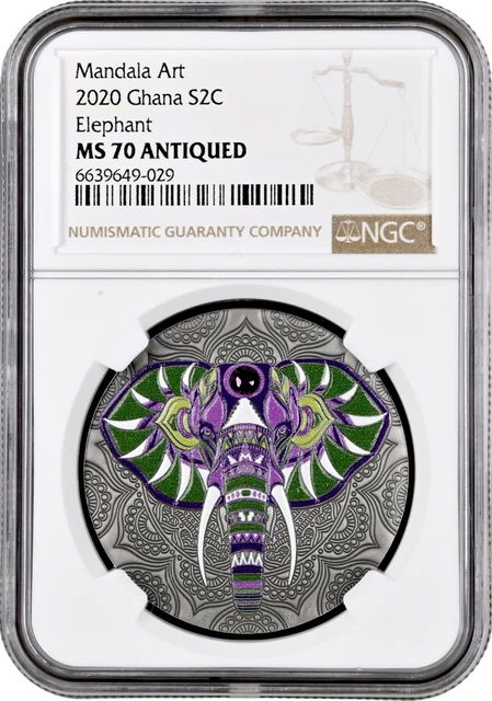 Ghana 2 cedis 2020, NGC MS70, "Mandala Art - Elephant" Top Pop
