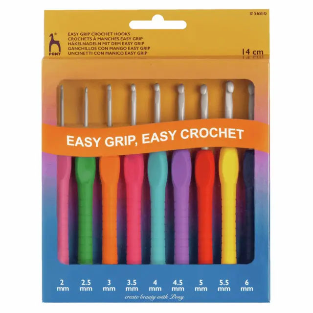 Pony Easy Grip Crochet Hooks w Finger Flat - Set of 9 (2.00 - 6.00mm)
