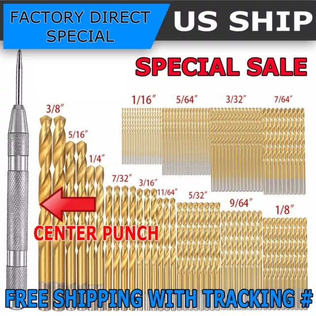 100PCS Drill Bit Set 1/16"-3/8" HSS Titanium Multi Drill Bits Twist Metal Tools