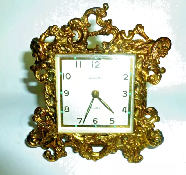 🎇VTG. GOLD GILT -WORKS HOLLYWOOD REGENCY GERMAN Wind Alarm Clock -Luminous Dial