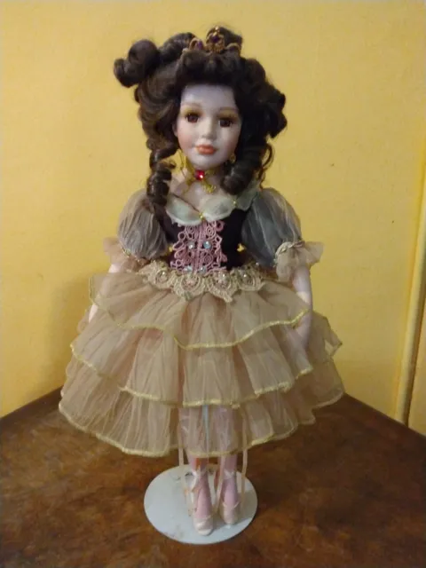 Brunette Ballerina Porcelain Doll w/Stand