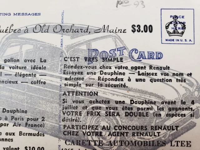 C 1959 De Quebec a La Orchard ME Renault Dauphine Sweepstakes Ad Rare Postcard