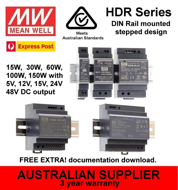 MEANWELL HDR POWER Supply DIN Rail 15W 30W 60W 100W 150W 5V 12V 15V 24V ...