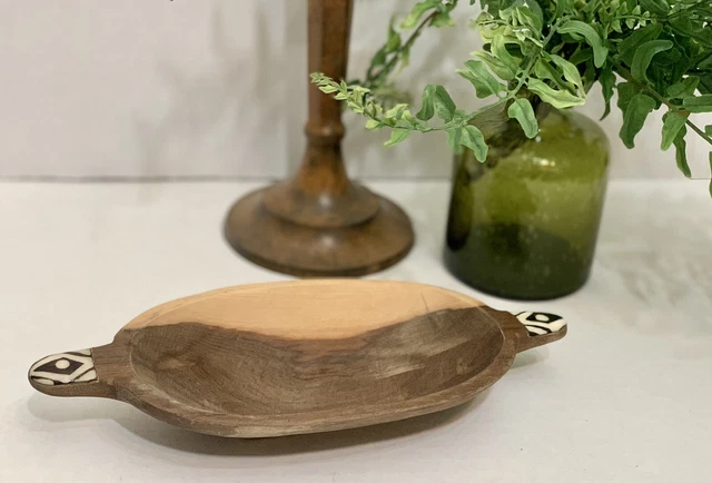 Kenya Wood Small Hand Carved African Olive Wood Bowl Batik with Handles