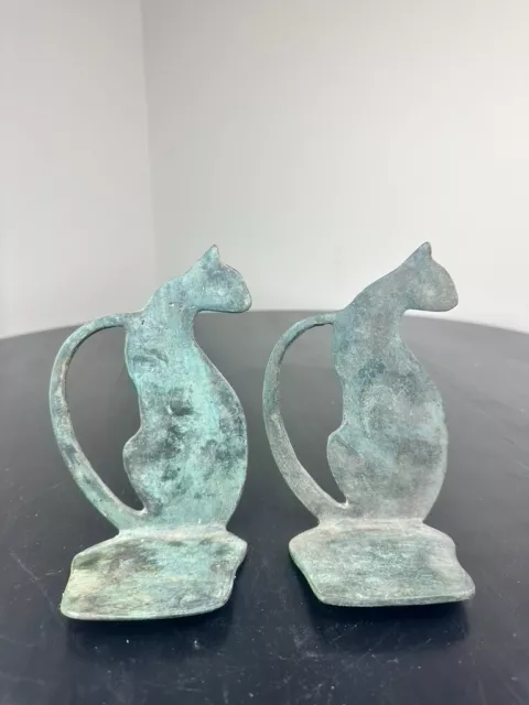 Vintage Pair of Cast Bronze Seated Cat Bookends Patina Art Nouveau Style