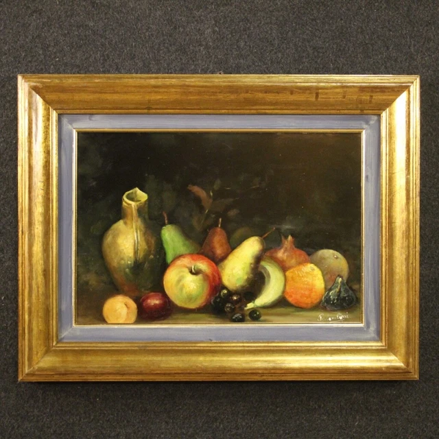 Cuadro pintura bodegon firmado estilo antiguo oleo sobre carton marco siglo XX