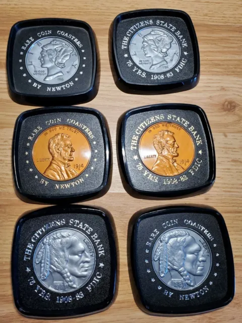 The Citizen's State Bank Rare Coin Coaster set of 6 Collectors Issue VINTAGE