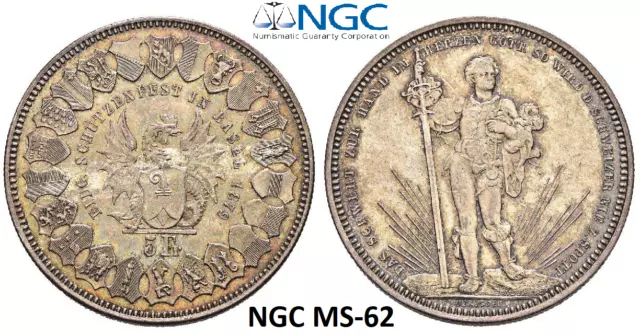 NGC Switzerland Basel MS 62 1879 1 Shooting Thaler 5 Francs Coin Unc Silver