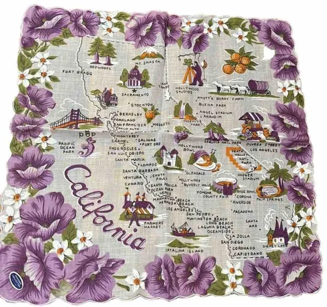 Vintage CALIFORNIA State Map Souvenir Hanky~Hankie Purple Floral~NWT